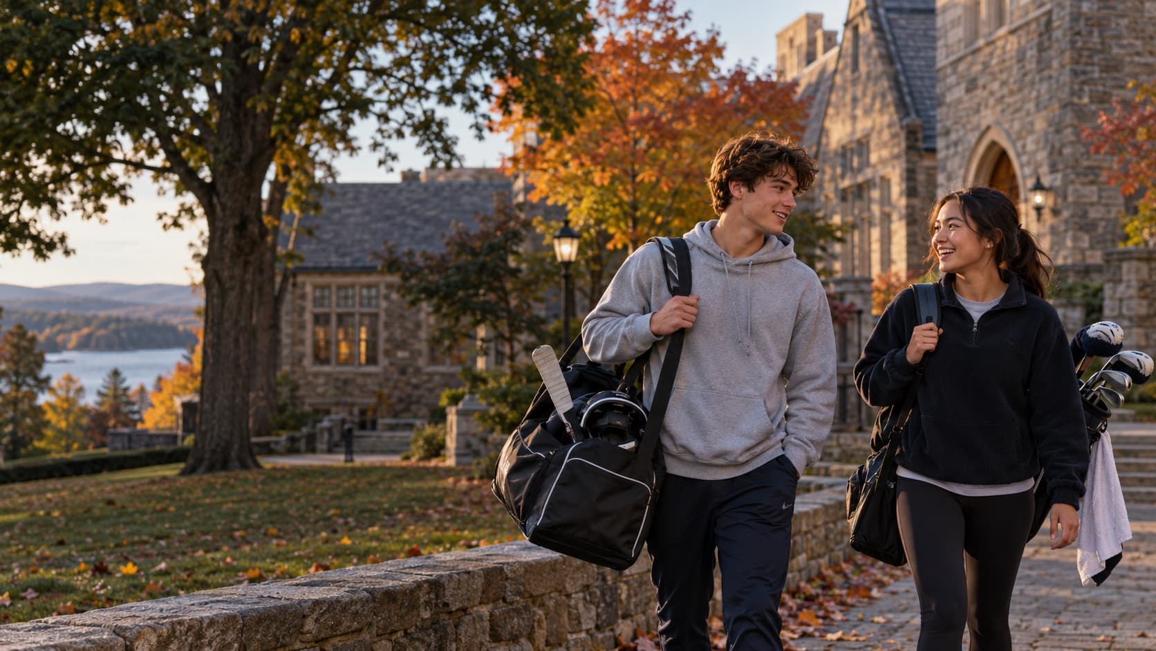 Two student-athletes walking on a campus after practice